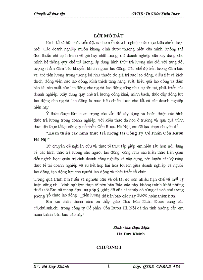 Hoàn thiện các hình thức trả lương tại Công Ty Cổ Phần Cồn Rượu Hà Nội