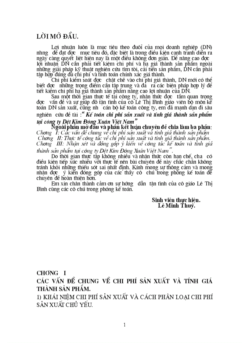 Kế toán chi phí sản xuất và tính giá thành sản phẩm tại công ty Dệt Kim Đông Xuân Việt Nam 1
