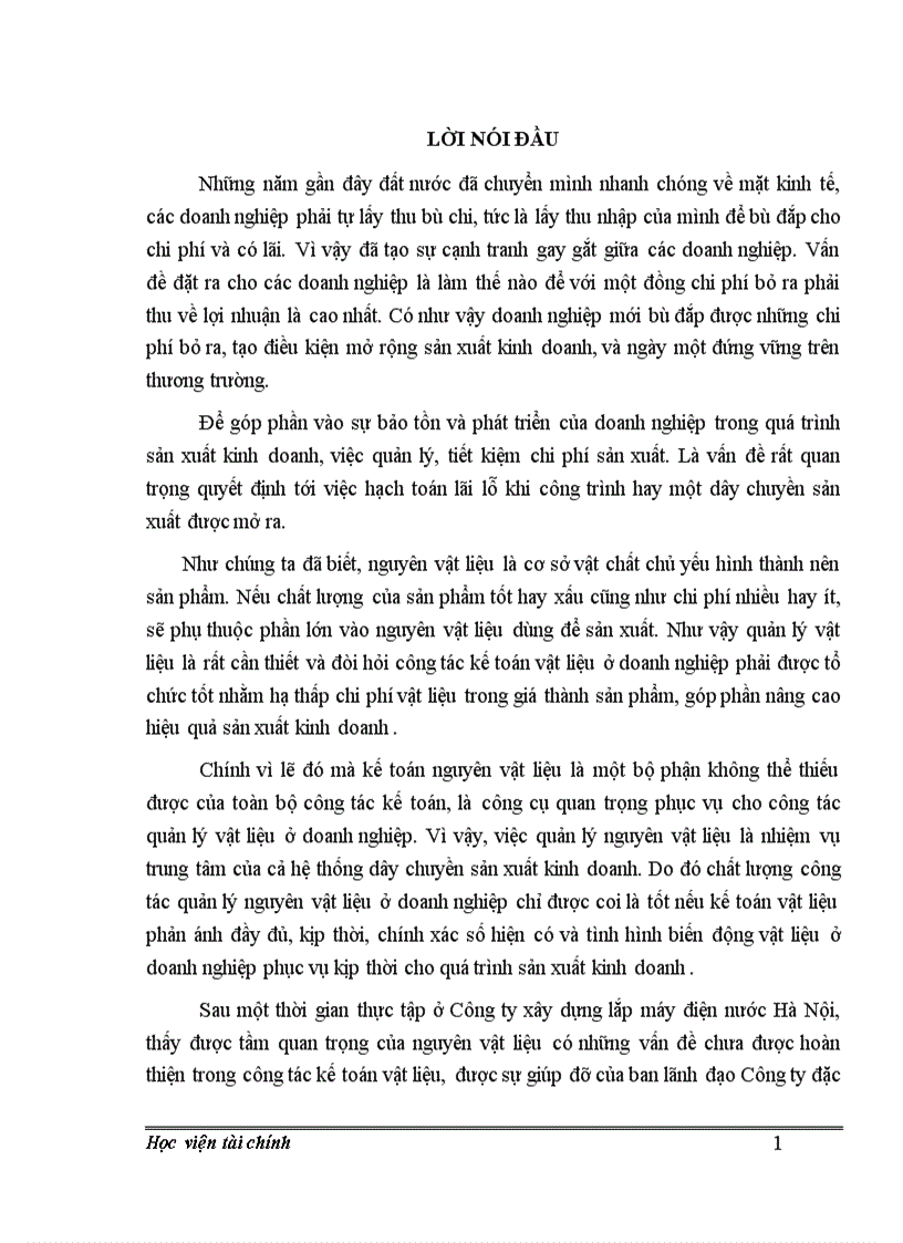 Một số ý kiến nhằm hoàn thiện công tác kế toán nguyên vật liệu ở Công ty xây dựng lắp máy điện nước Hà Nội 1