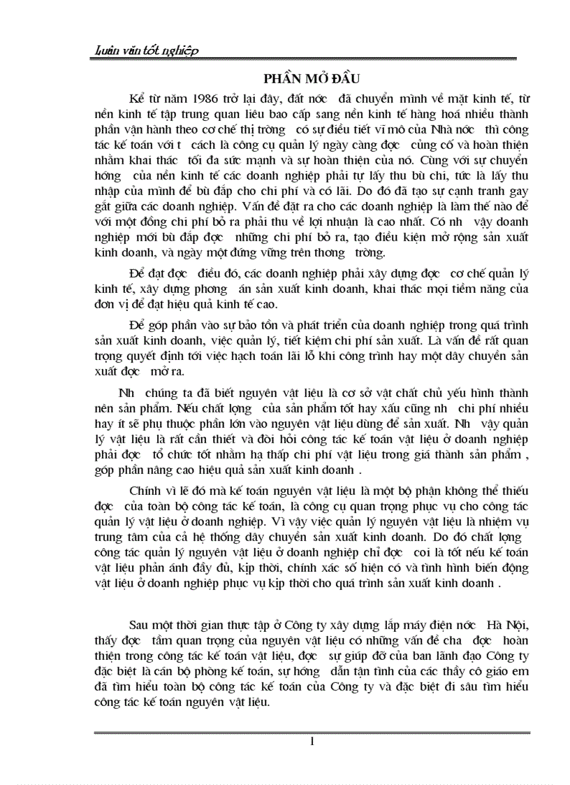 Một số ý kiến đề xuất nhằm góp phần hoàn thiện tổ chức công tác kế toán vật liệu và phân tích tình hình quản lý sử dụng nguyên vật liệu ở Công ty xây dựng lắp máy điện nước Hà Nội 1