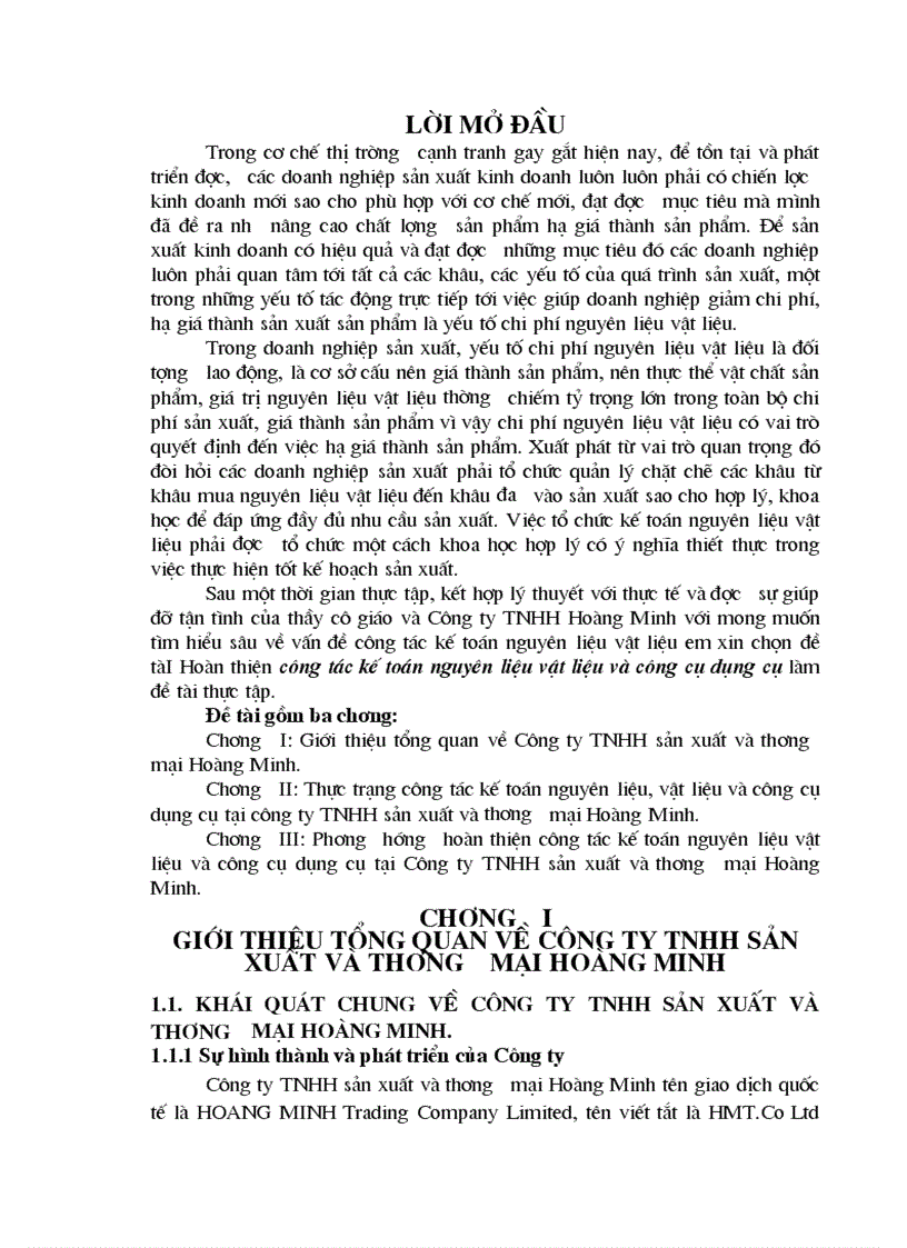 Thực trạng và phương hướng hoàn thiện công tác kế toán nguyên liệu vật liệu và công cụ dụng cụ tại Công ty TNHH sản xuất và thương mại Hoàng Minh