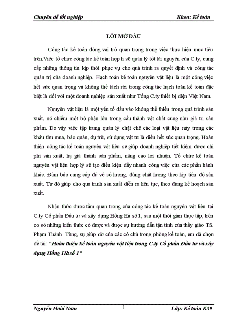 Hoàn thiện kế toán nguyên vật liệu trong C ty Cổ phần Đầu tư và xây dựng Hồng Hà số