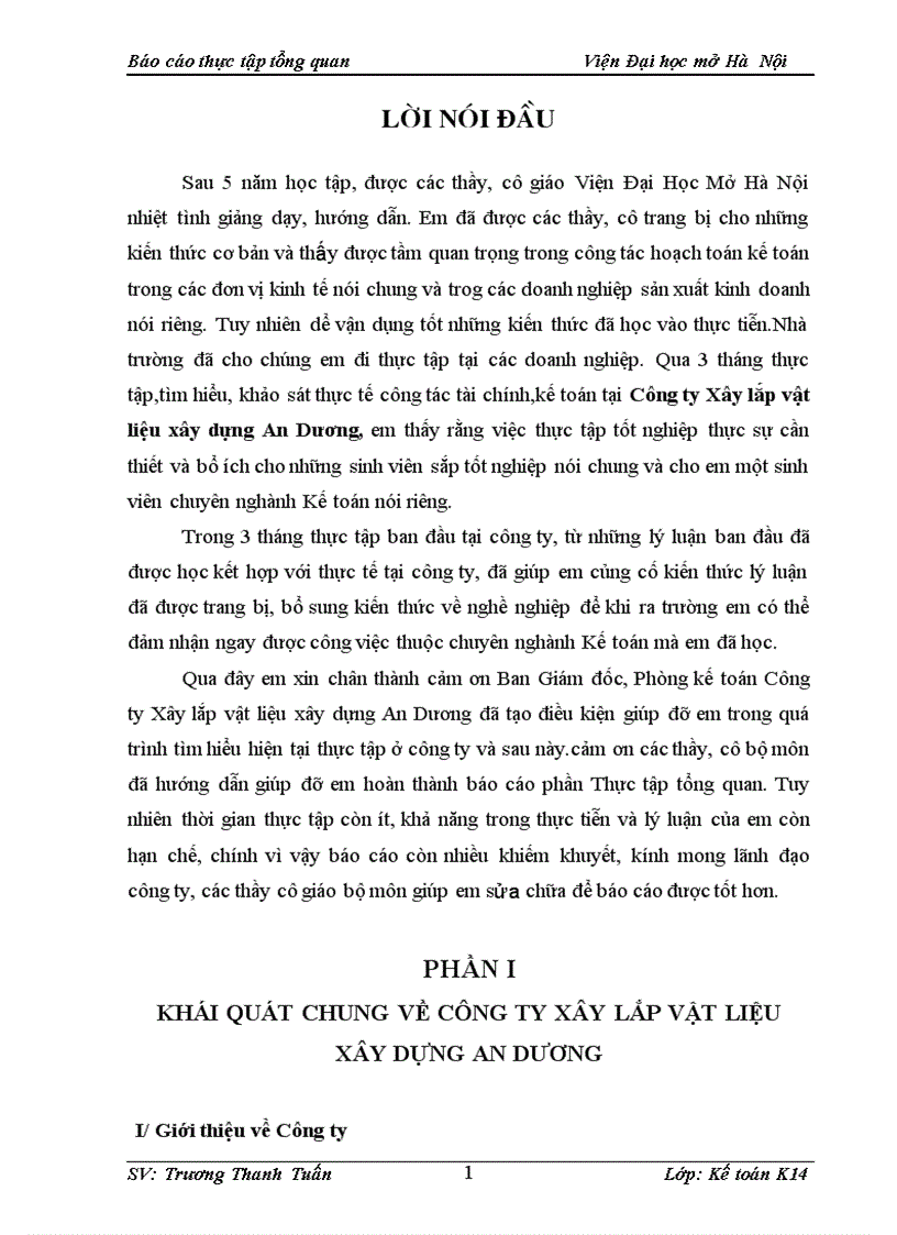 Báo cáo thực tập tổng quan về Công ty Xây lắp vật liệu xây dựng An Dương