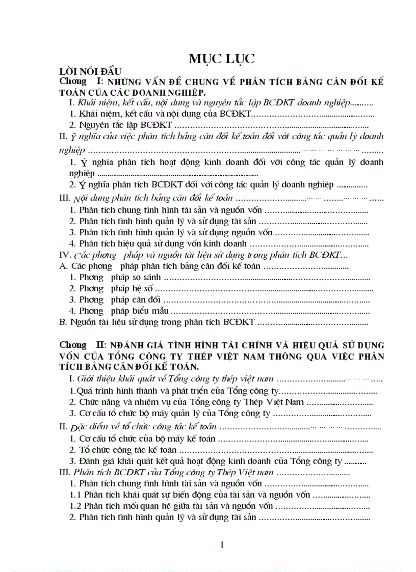 Phân tích Bảng cân đối kế toán và một số giải pháp nhằm nâng cao hiệu quả sử dụng vốn tại Tổng công ty Thép Việt Nam 1