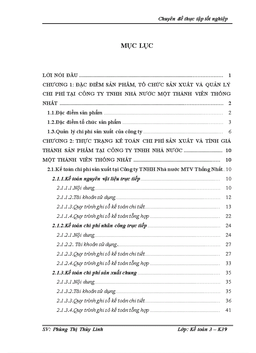 Kế toán chi phí sản xuất và tính giá thành sản phẩm tại Công ty TNHH Nhà nước MTV Thống Nhất 1