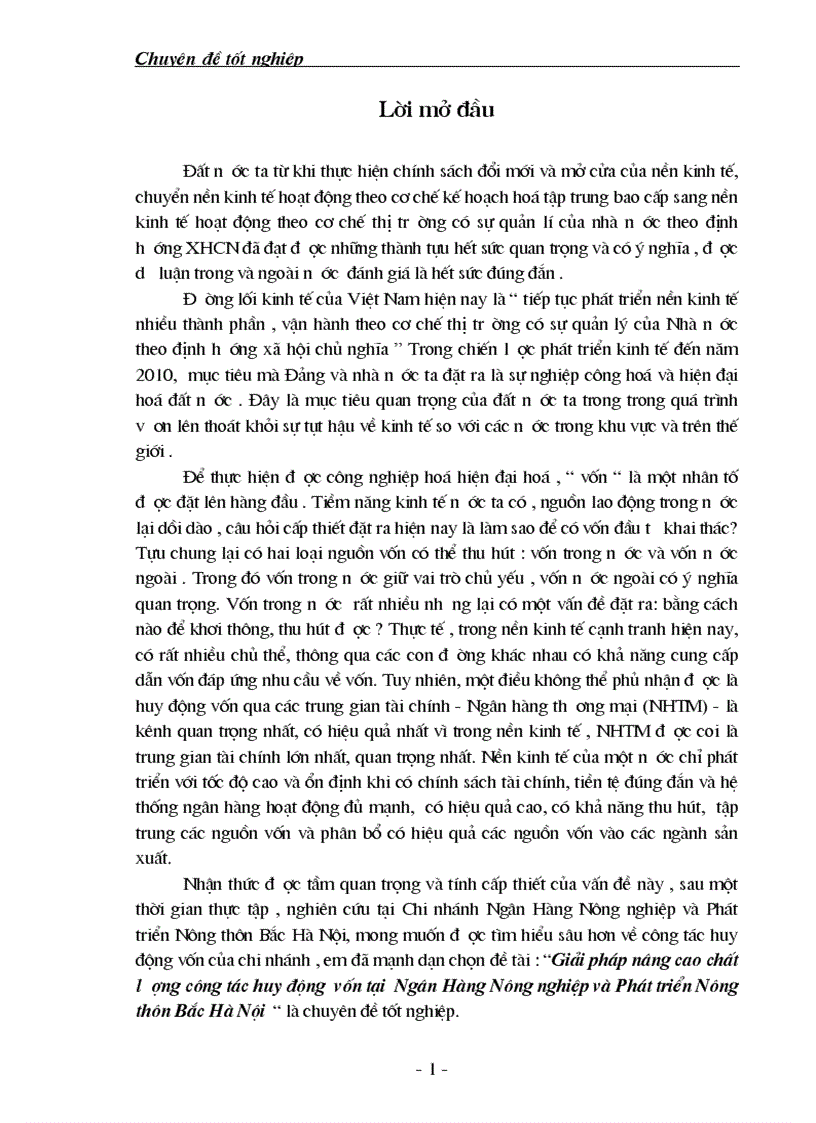 Giải pháp nâng cao chất lượng công tác huy động vốn tại Ngân Hàng Nông nghiệp và Phát triển Nông thôn Bắc Hà Nộ