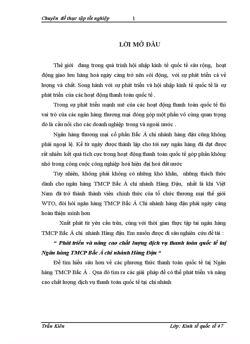 Phát triển và nâng cao chất lượng dịch vụ thanh toán quốc tế taị Ngân hàng TMCP Bắc Á chi nhánh Hàng Đậu
