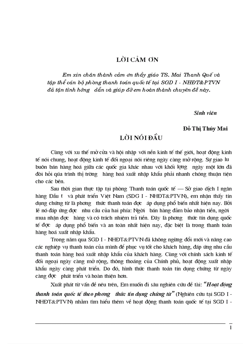 Hoạt động thanh toán quốc tế theo phương thức tín dụng chứng từ tại SGD I NHĐT PTVN 1