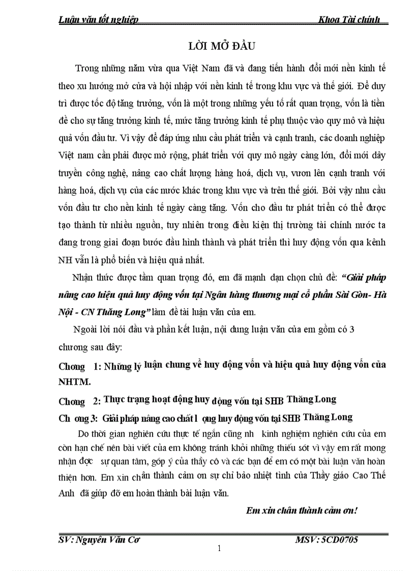 Giải pháp nâng cao hiệu quả huy động vốn tại Ngân hàng thương mại cổ phần Sài Gòn Hà Nội CN Thăng Long 1