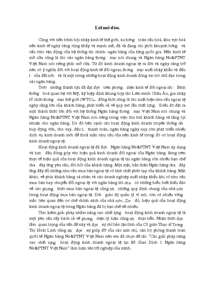 Các giải pháp nâng cao chất lượng hoạt động kinh doanh ngoại tệ tại Sở Giao Dịch 1 Ngân hàng No PTNT Việt Nam