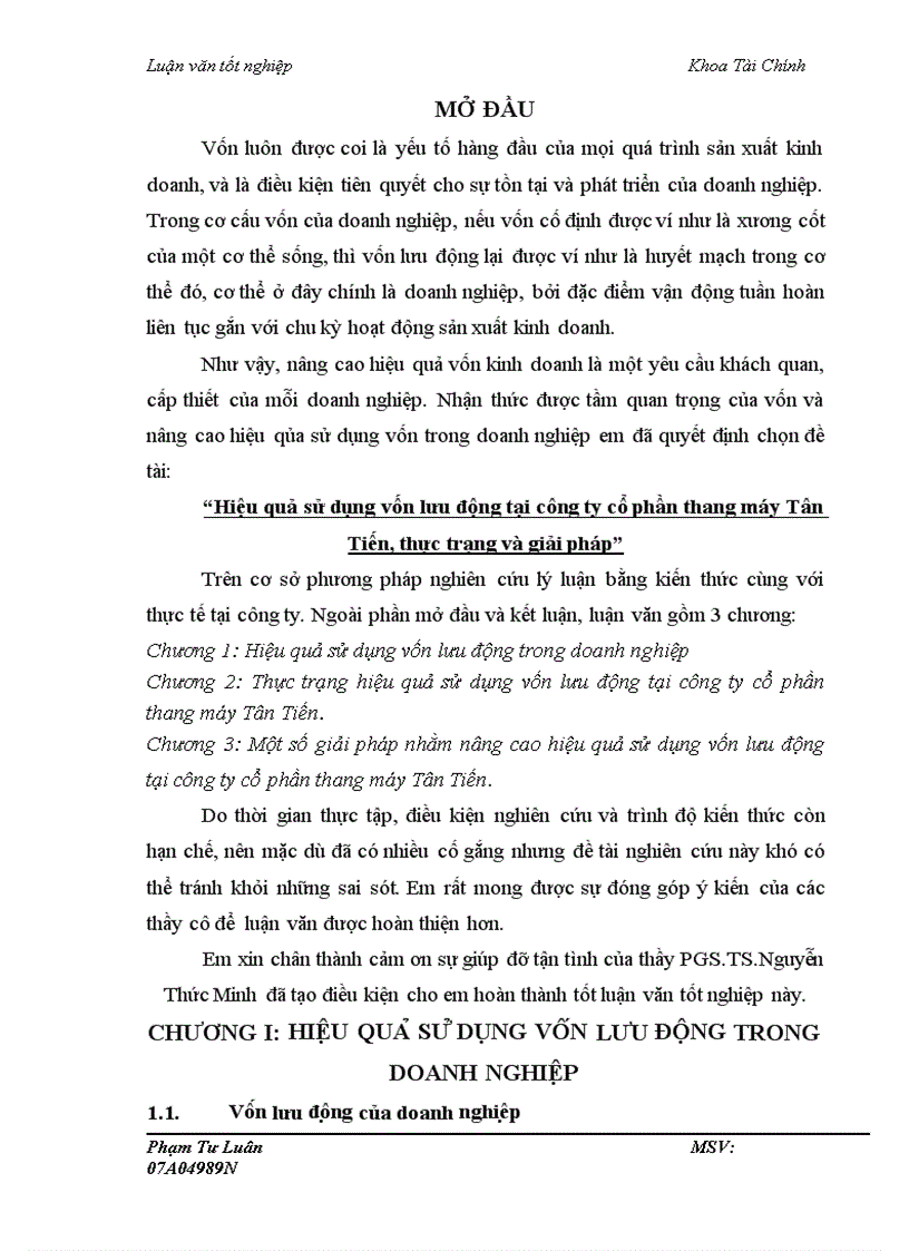 Hiệu quả sử dụng vốn lưu động tại công ty cổ phần thang máy Tân Tiến thực trạng và giải pháp 1