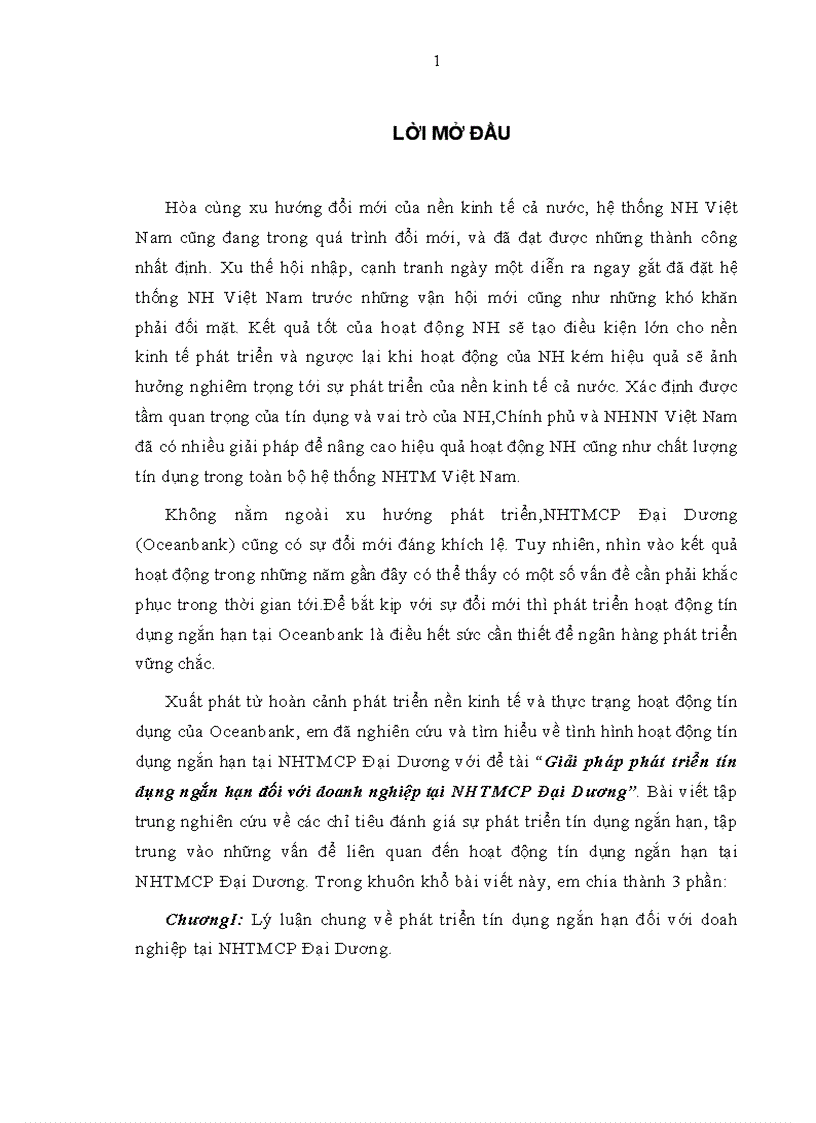 Giải pháp phát triển tín dụng ngắn hạn đối với doanh nghiệp tại NHTMCP Đại Dương 1
