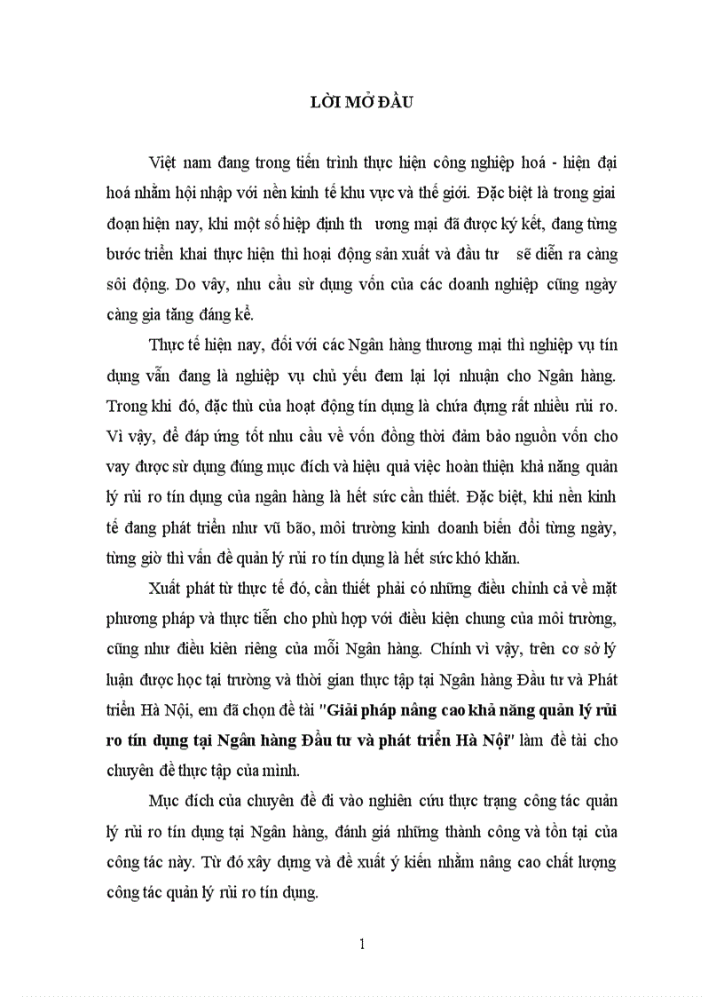 Giải pháp nâng cao khả năng quản lý rủi ro tín dụng tại Ngân hàng Đầu tư và phát triển Hà Nội 1