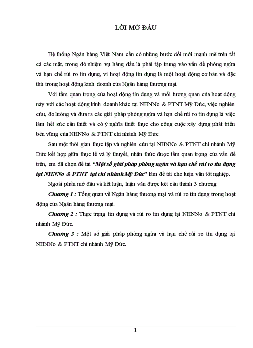 Một số giải pháp phòng ngừa và hạn chế rủi ro tín dụng tại NHNNo PTNT tại chi nhánh Mỹ Đức 1
