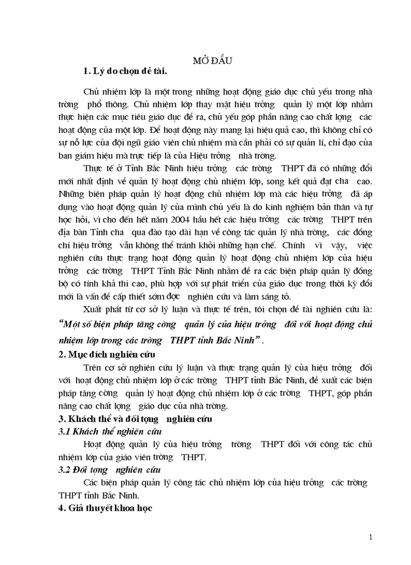 1số biện pháp tăng cường quản lý của hiệu trưởng đối với hoạt động chủ nhiệm lớp trong các trường THPT tỉnh Bắc Ninh