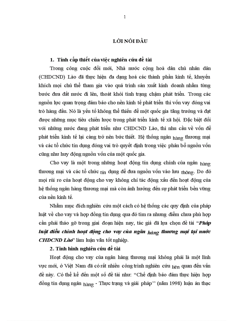 Pháp luật điều chỉnh hoạt động cho vay của ngân hàng thương mại tại nước CHDCND Lào 1