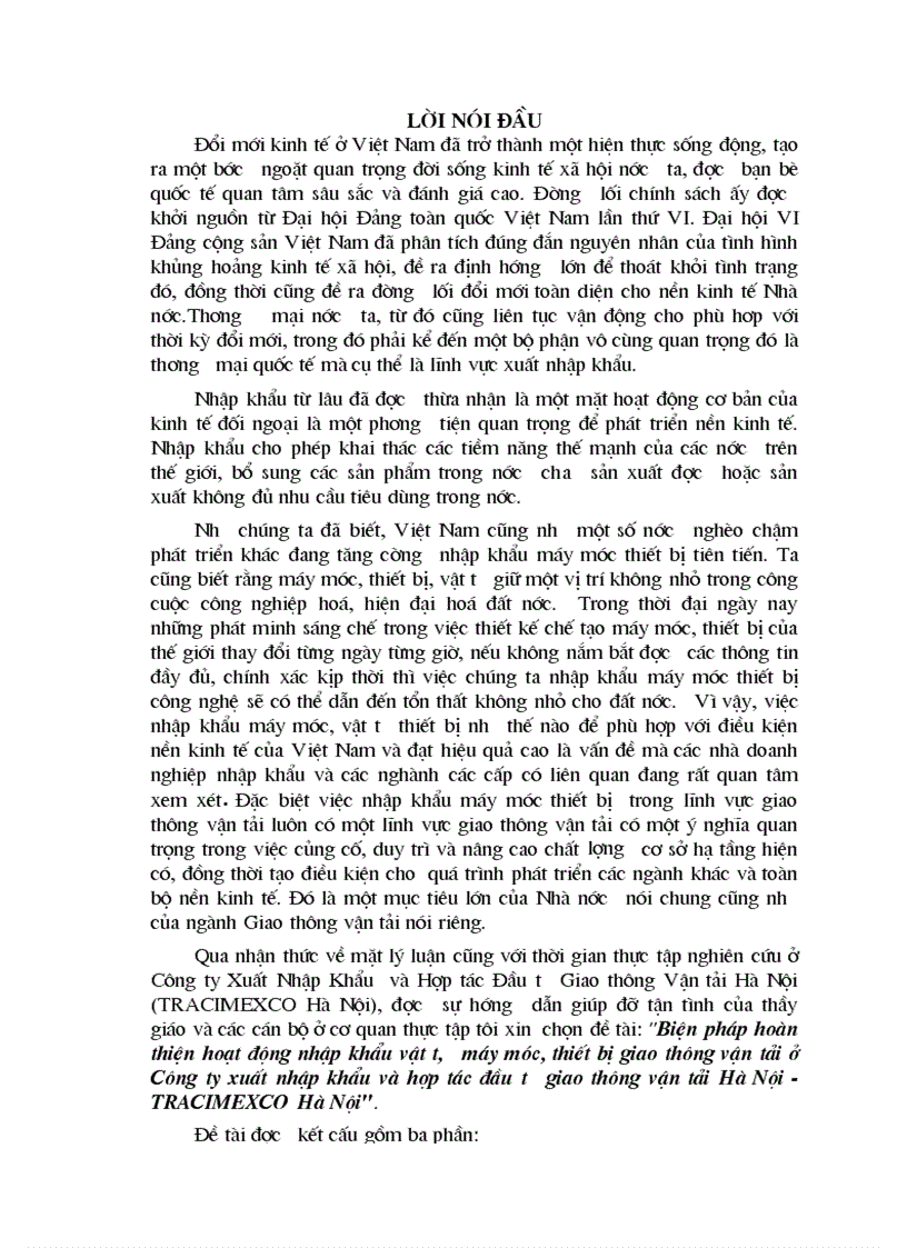 Biện pháp hoàn thiện hoạt động nhập khẩu vật tư máy móc thiết bị giao thông vận tải ở Công ty xuất nhập khẩu và hợp tác đầu tư giao thông vận tải Hà Nội TRACIMEXCO Hà Nội