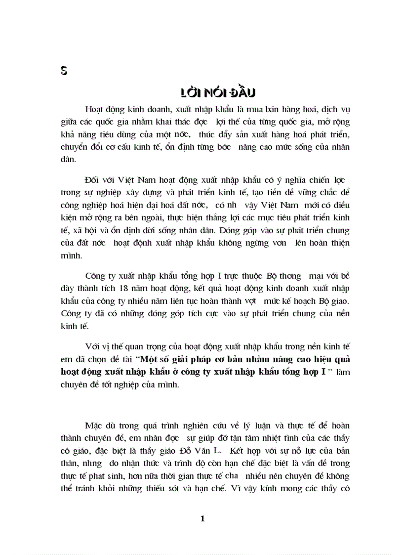 Một số giải pháp cơ bản nhằm nâng cao hiệu quả hoạt động xuất nhập khẩu ở công ty xuất nhập khẩu tổng hợp I 1