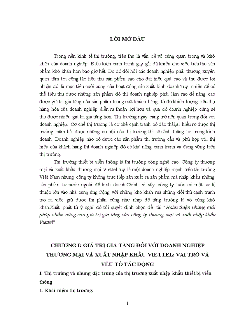 Hoàn thiện những giải pháp nhằm nâng cao giá trị gia tăng của công ty thương mại và xuất nhập khẩu Viettel