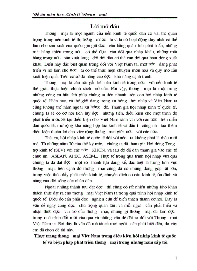 Thực trạng thương mại Việt Nam trong điều kiện hội nhập kinh tế quốc tế và biện pháp phát triển thương mại trong những năm sắp tới