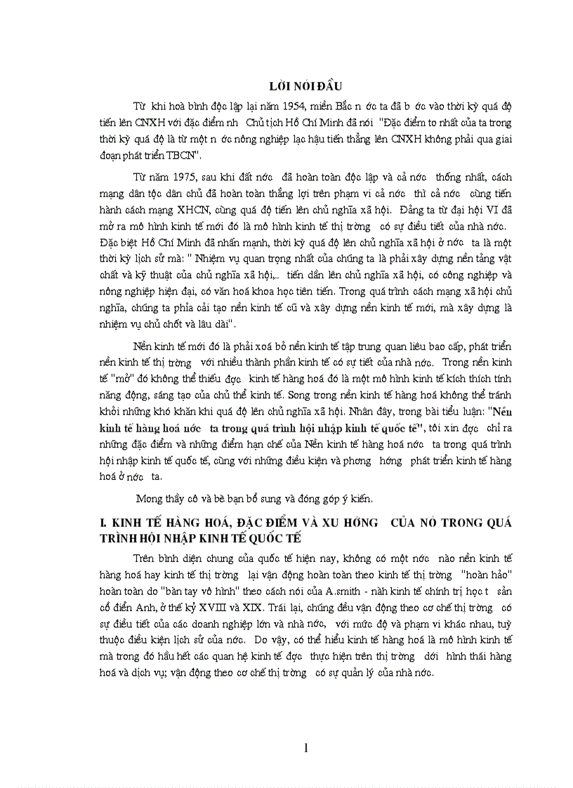 Nền kinh tế hàng hoá nước ta trong quá trình hội nhập kinh tế quốc tế