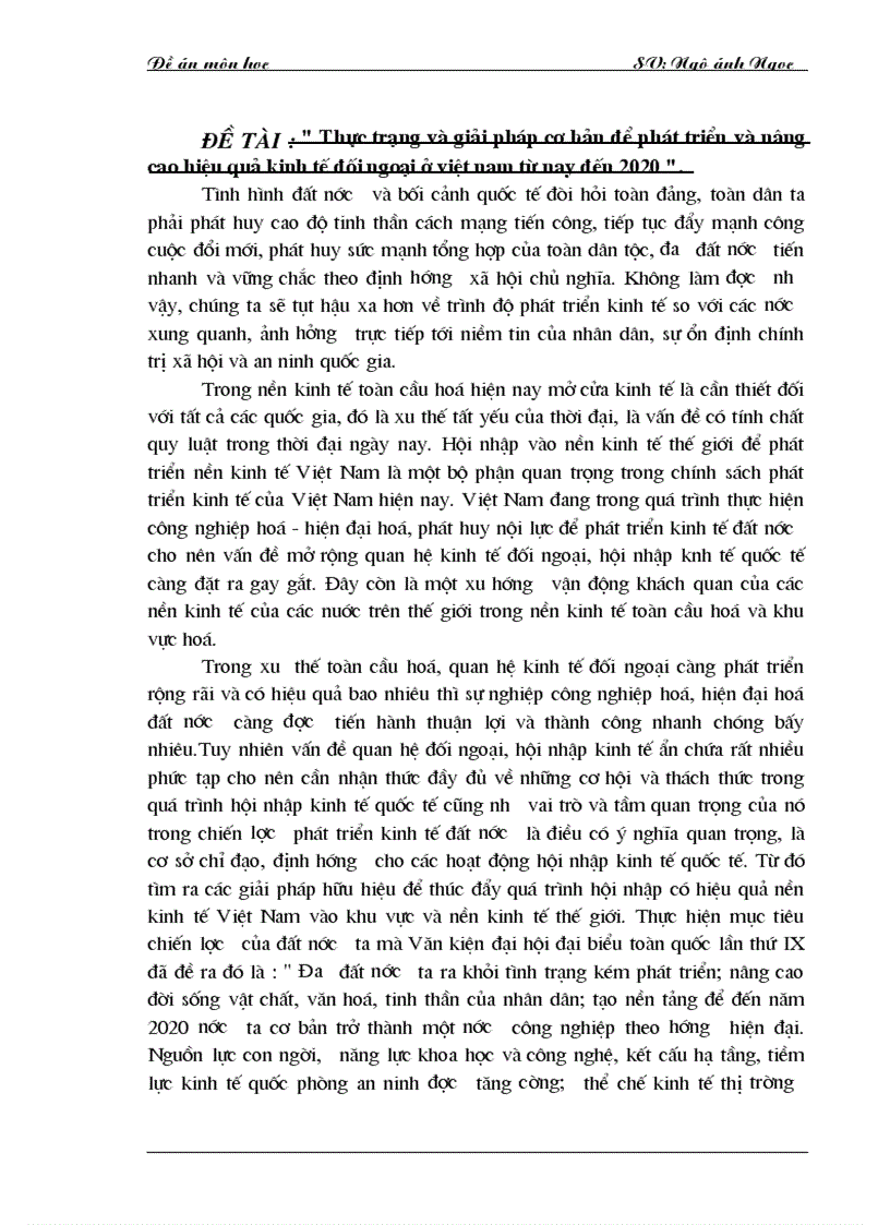 Thực trạng và giải pháp cơ bản để phát triển và nâng cao hiệu quả kinh tế đối ngoại ở việt nam từ nay đến 2020