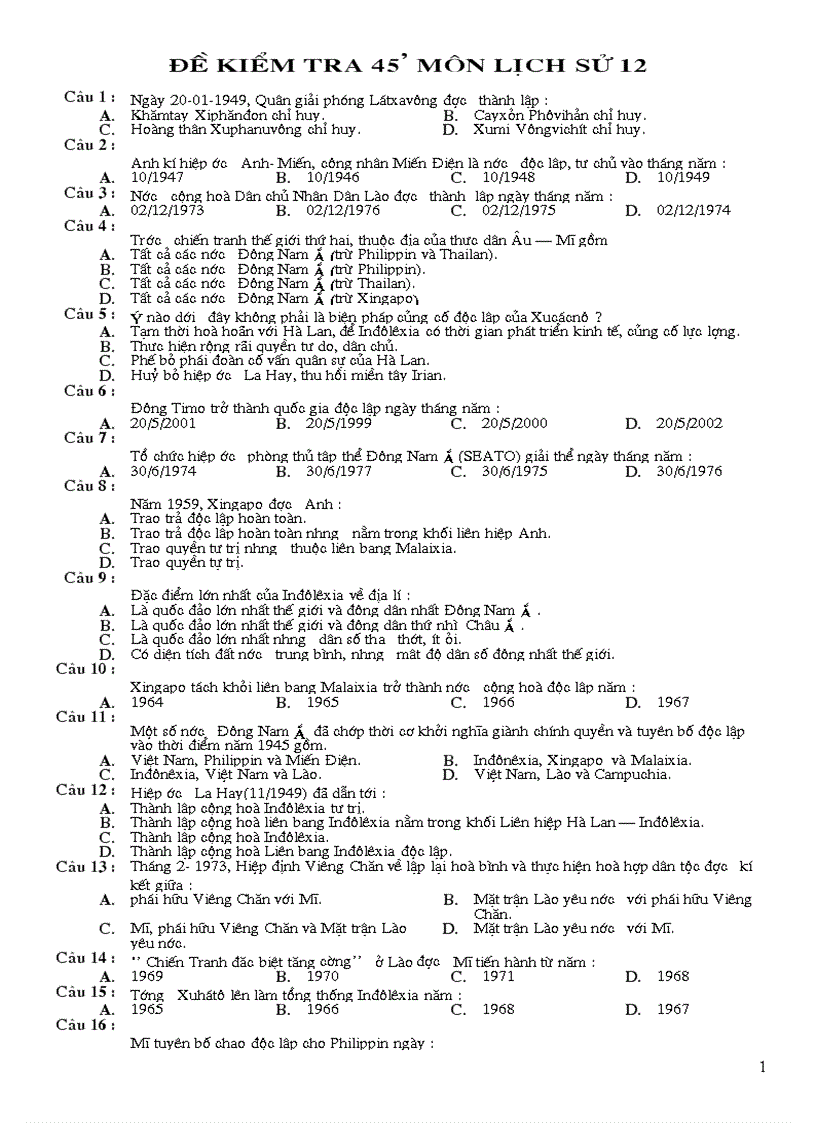 Đề kiểm tra 45 phút môn lịch sử 12
