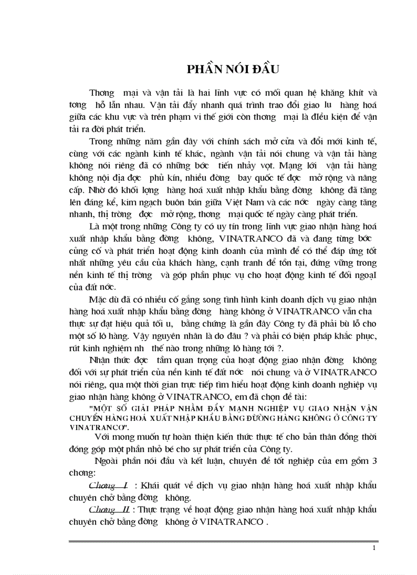 Một số giảI pháp nhằm đẩy mạnh nghiệp vụ giao nhận vận chuyển hàng hoá xuất nhập khẩu bằng đừòng hàng không ở Công ty VINATRANCO 1