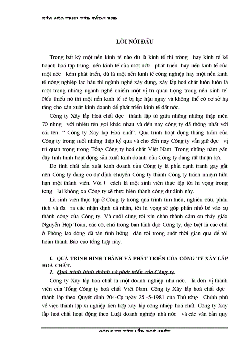 Báo cáo thực tập tổng hợp tại Công ty xây lắp hoá chất 1