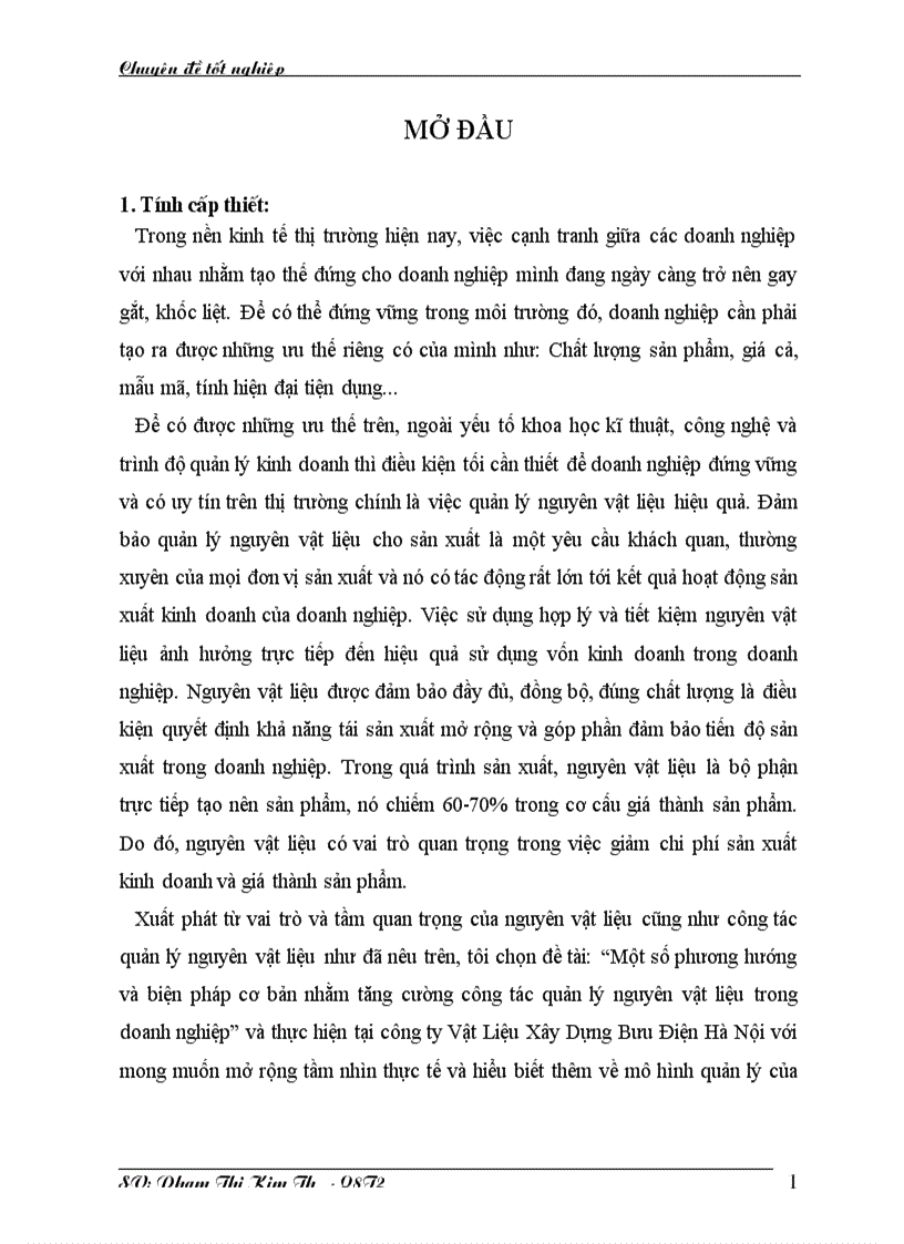 Một số phương hướng và giải pháp nhằm tăng cường công tác bảo đảm quản lý nguyên vật liệu tại công ty vật liệu xây dựng Bưu Điện Hà Nội 1