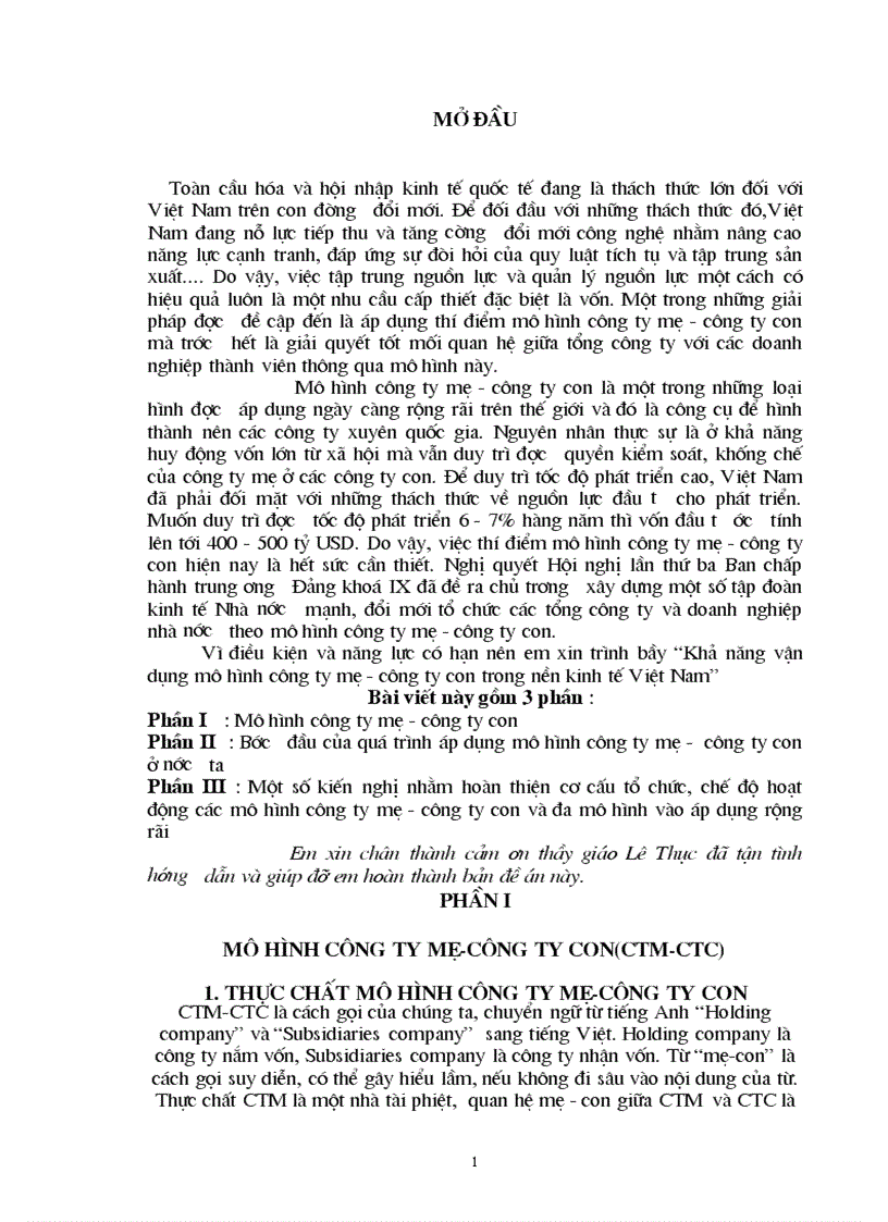 Mô hình công ty mẹ công ty con CTM CTC Bước đầu của quá trình áp dụng mô hình công ty mẹ công ty con ở nước ta