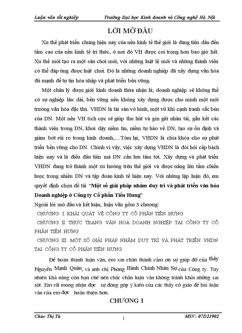 Một số giải pháp nhằm duy trì và phát triển văn hóa Doanh nghiệp ở Công ty Cổ phần Tiến Hư