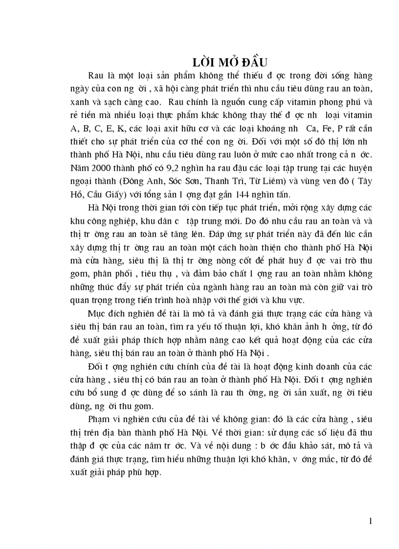 Thực trạng và các giải pháp chủ yếu phát triển hoạt động kinh doanh của các cửa hàng và siêu thị bán rau an toàn ở Hà Nội 1