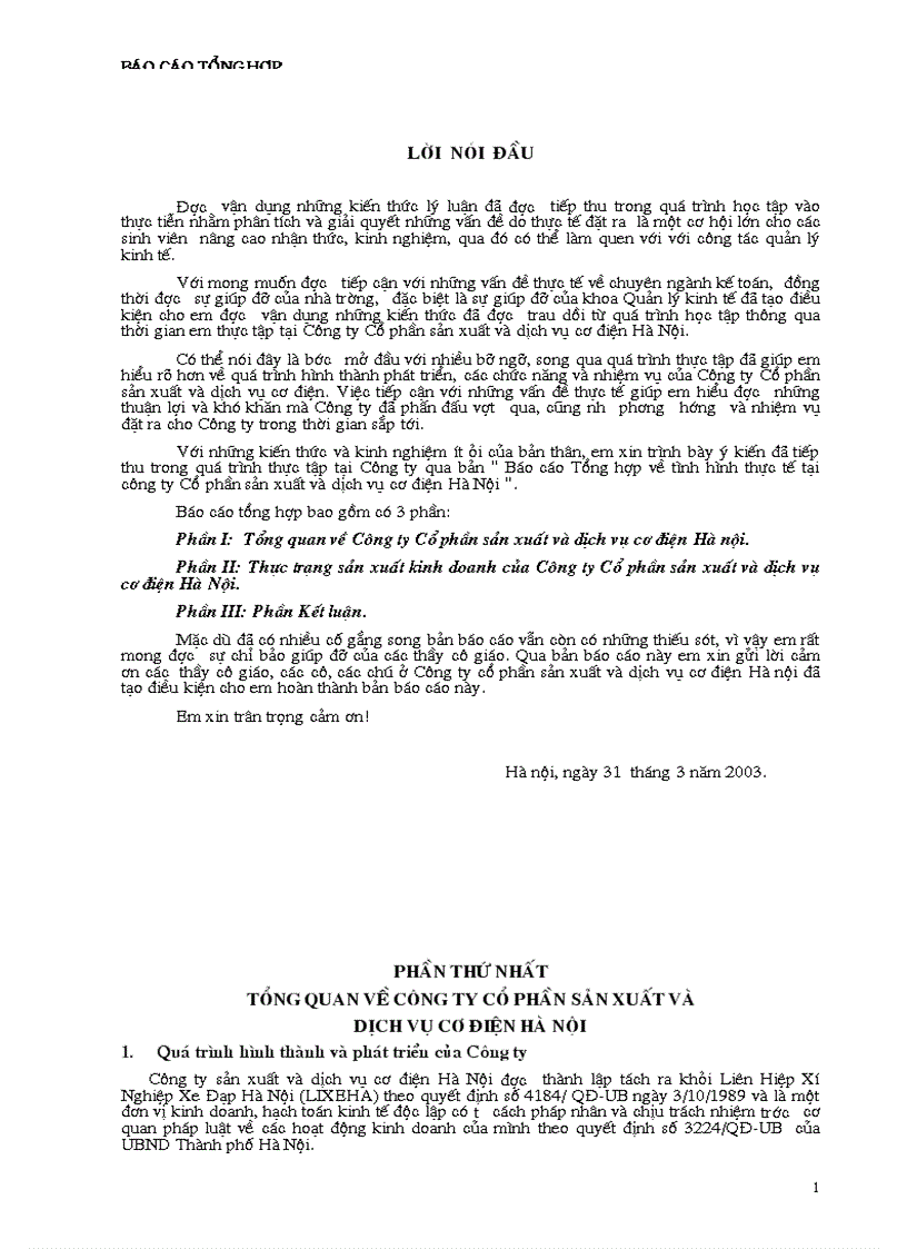 Báo cáo Tổng hợp về tình hình thực tế tại công ty Cổ phần sản xuất và dịch vụ cơ điện Hà Nội 1