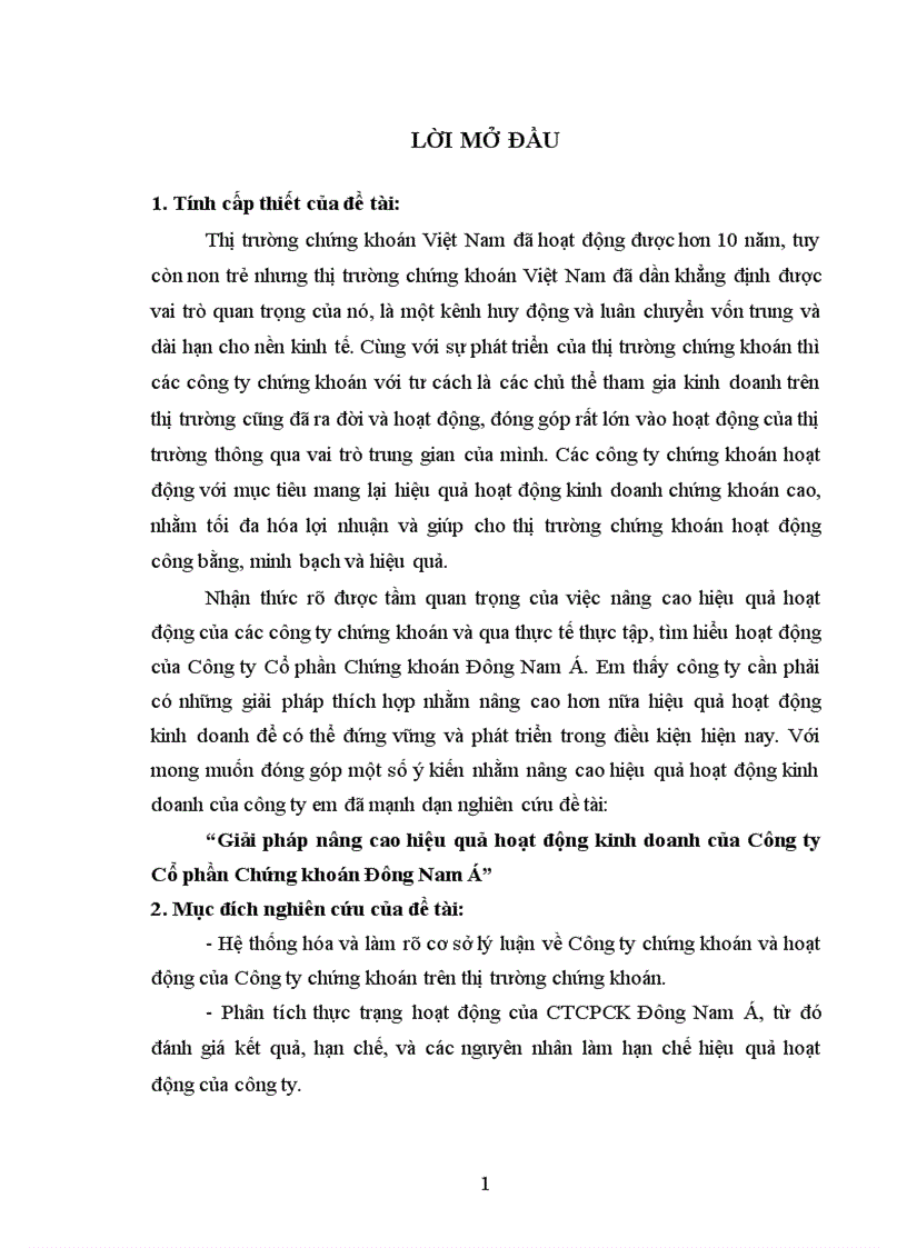 Giải pháp nâng cao hiệu quả hoạt động kinh doanh của Công ty Cổ phần Chứng khoán Đông Nam Á