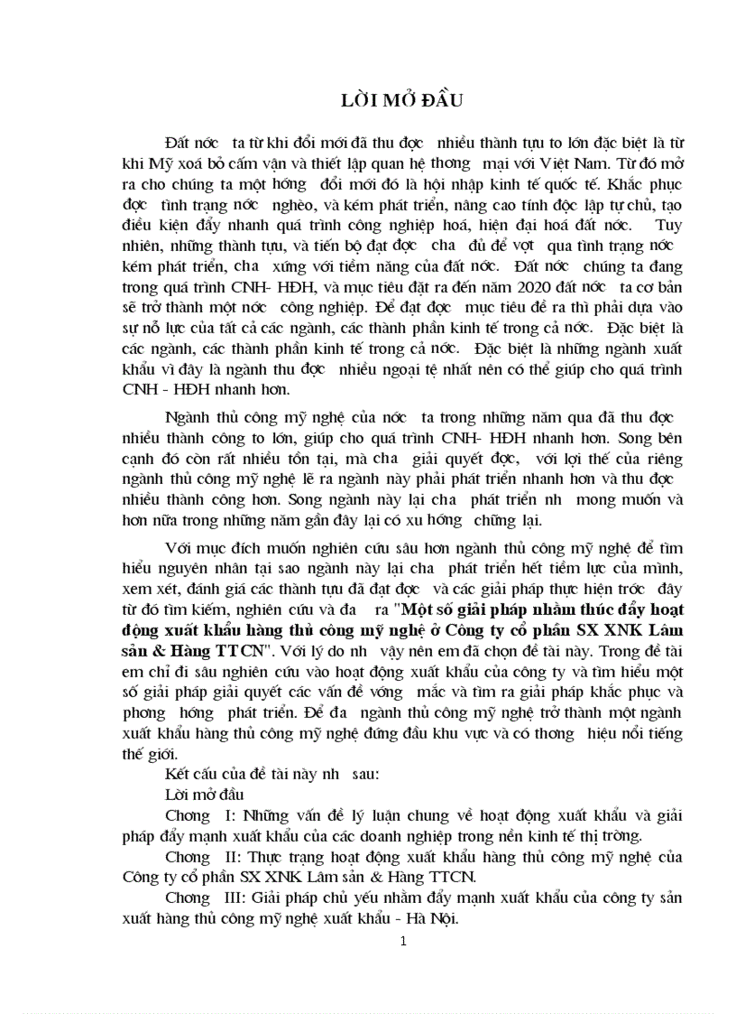 Một số giải pháp nhằm thúc đẩy hoạt động xuất khẩu hàng thủ công mỹ nghệ ở Công ty cổ phần SX XNK Lâm sản Hàng TTCN 1