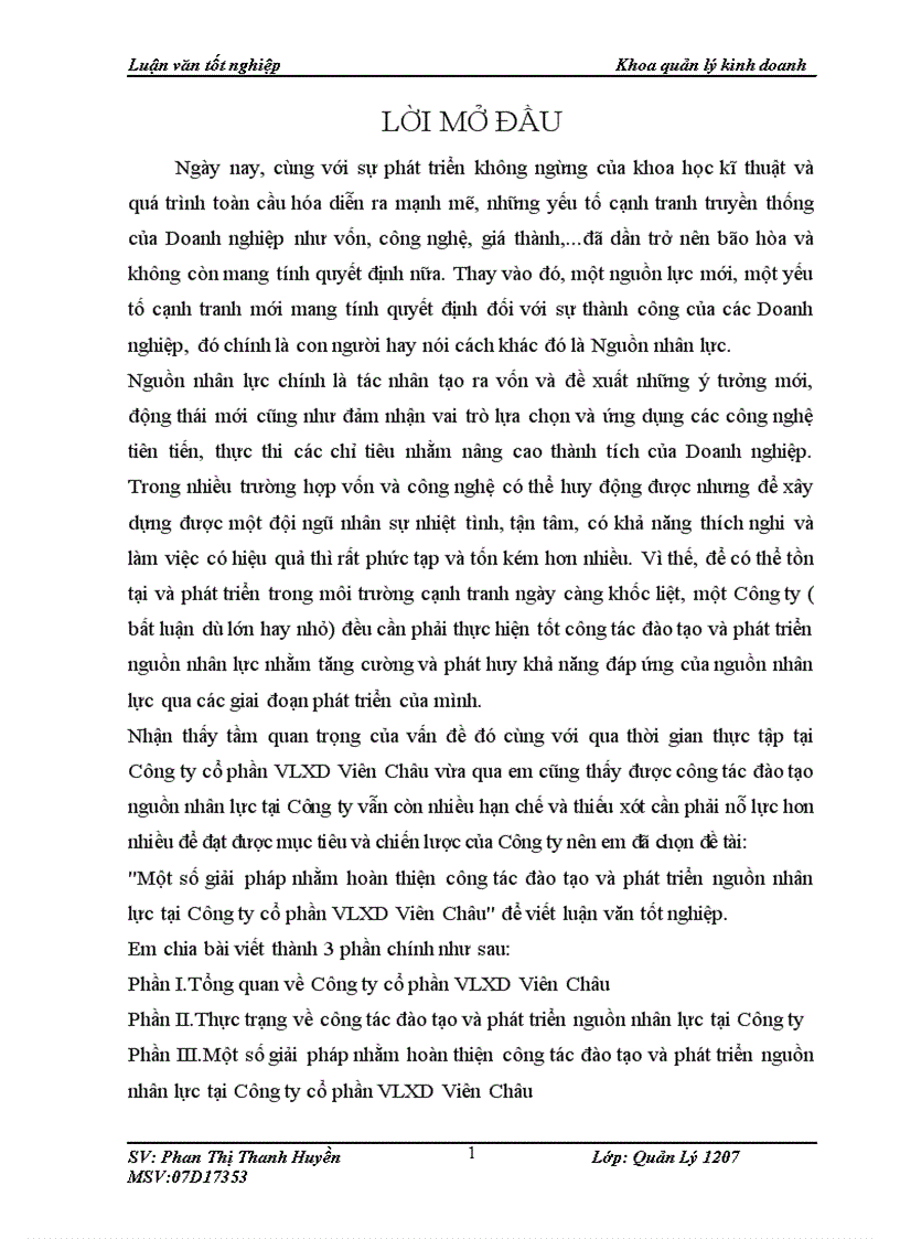Một số giải pháp nhằm hoàn thiện công tác đào tạo và phát triển nguồn nhân lực tại Công ty cổ phần VLXD Viên Châu 1