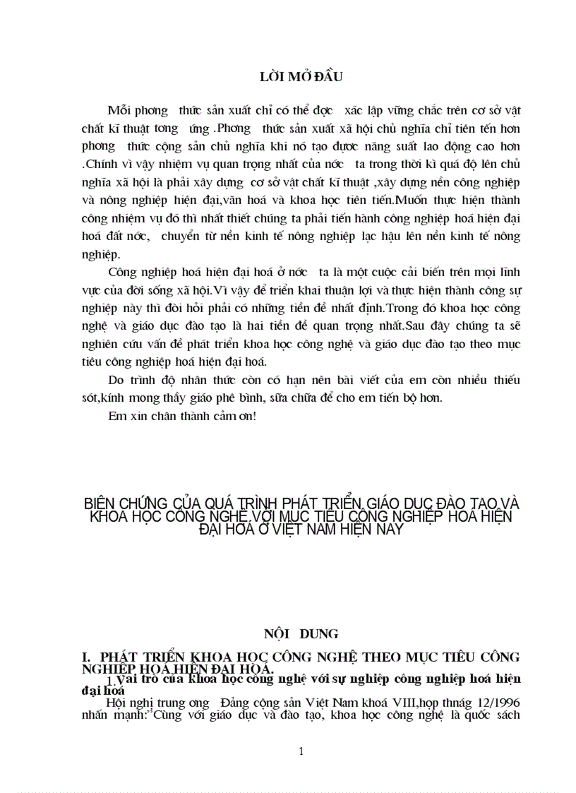 Biện chứng của quá trình phát triển giáo dục đào tạo và khoa học công nghệ với mục tiêu công nghiệp hoá hiện đại hoá ở việt nam hiện nay