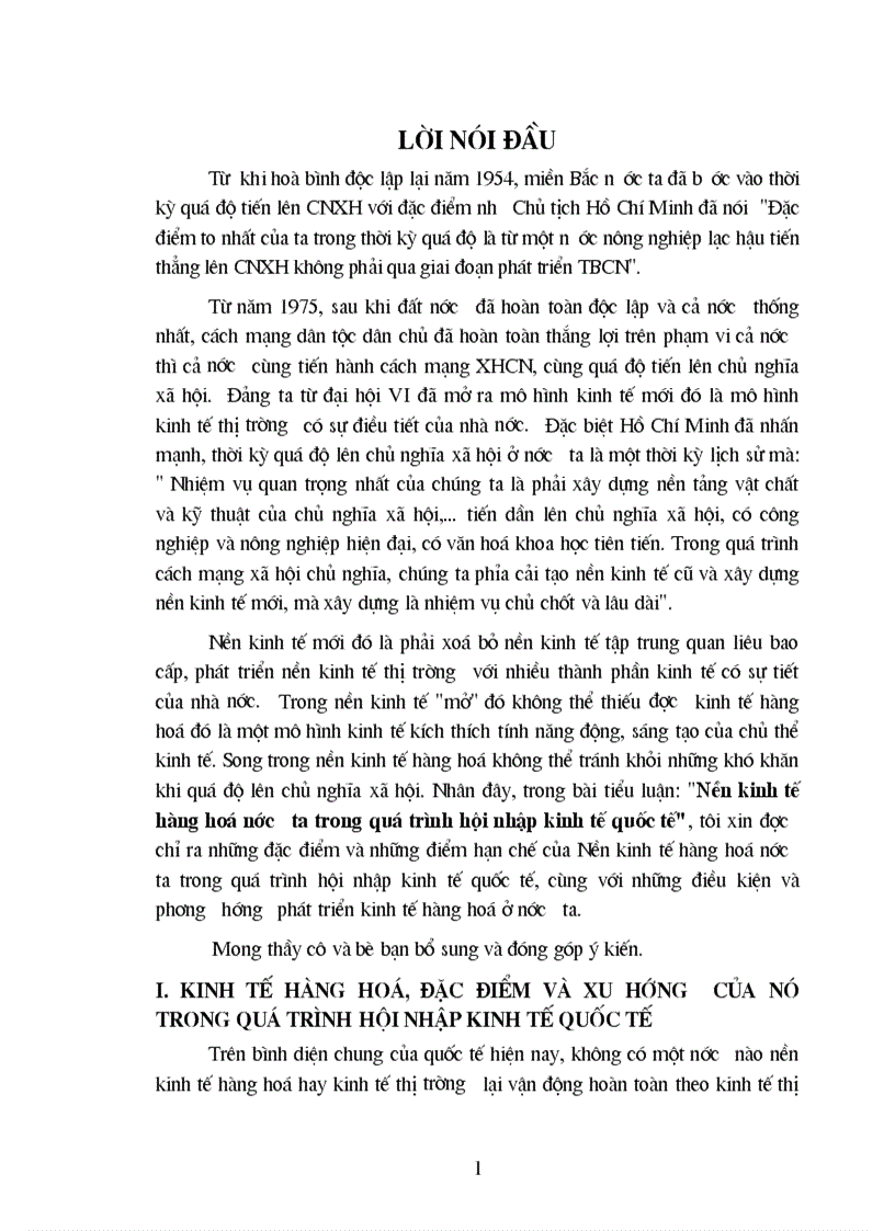 Nền kinh tế hàng hoá nước ta trong quá trình hội nhập kinh tế quốc tế