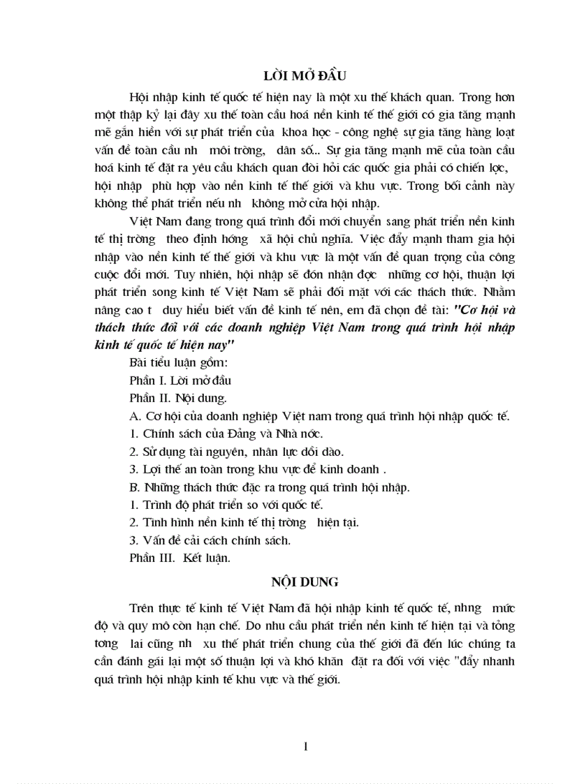 Cơ hội và thách thức đối với các doanh nghiệp Việt Nam trong quá trình hội nhập kinh tế quốc tế hiện nay 1