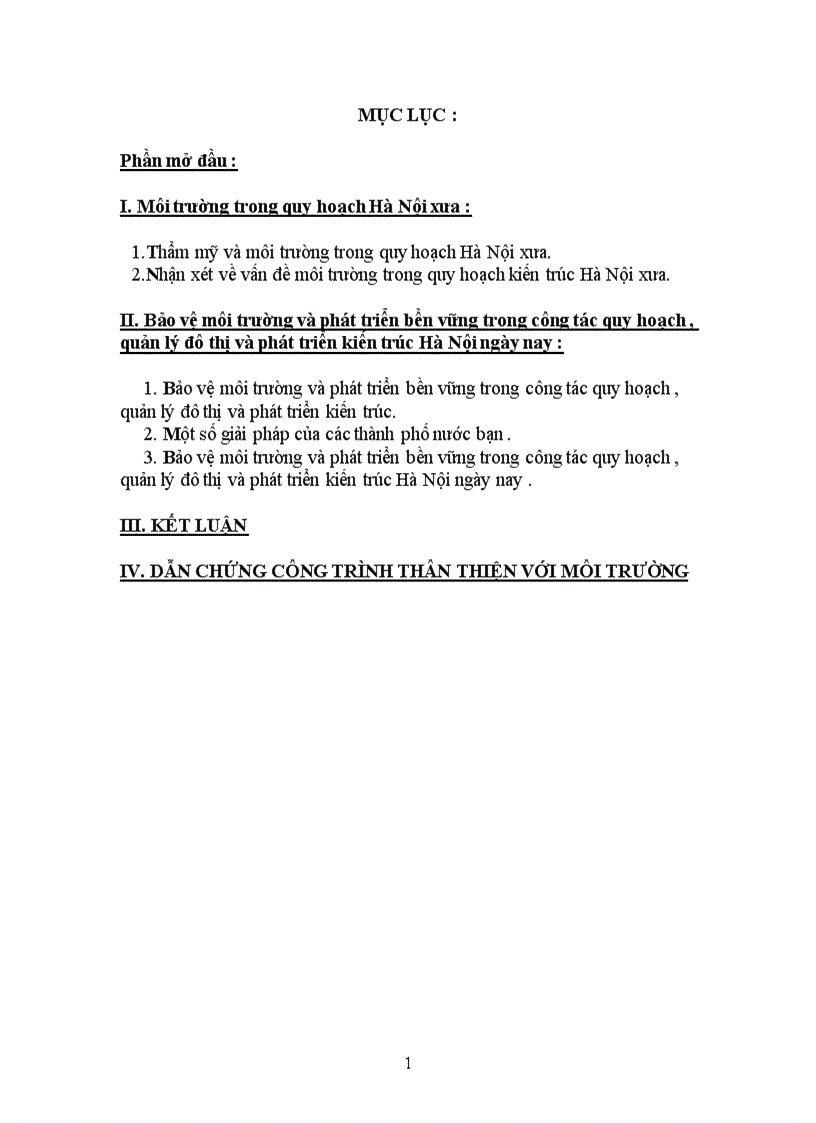 BẢo vệ môi trường và phát triển bền vững trong công tác quy hoạch quản lý đô thị và phát triển kiến trúc hà nội xưa và nay