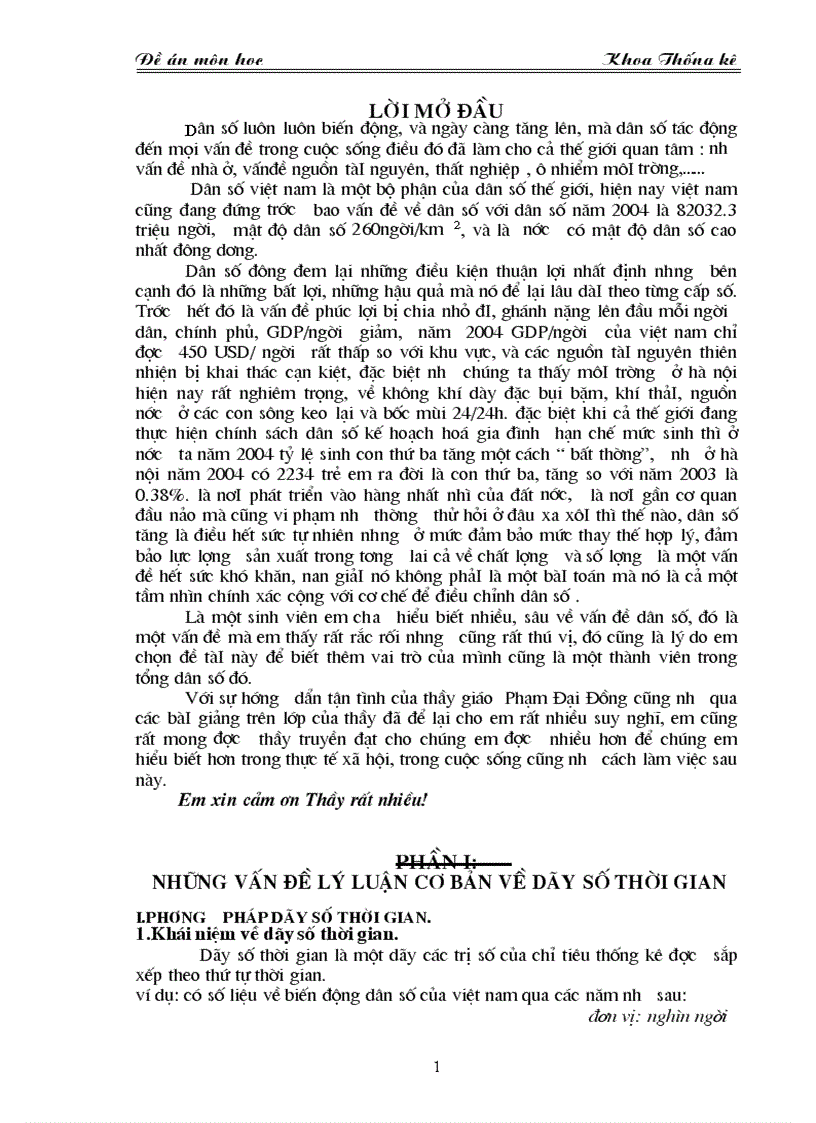 Vận dụng phương pháp dãy số thời gian để phân tích sự biến động của dân số việt nam và dự báo cho năm 2005 2008