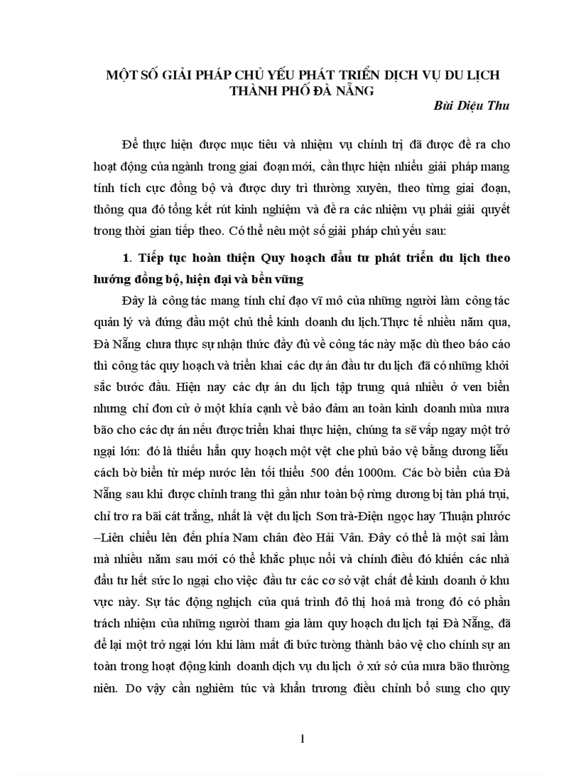 Một số giải pháp chủ yếu phát triển dịch vụ du lịch thành phố Đà Nẵng