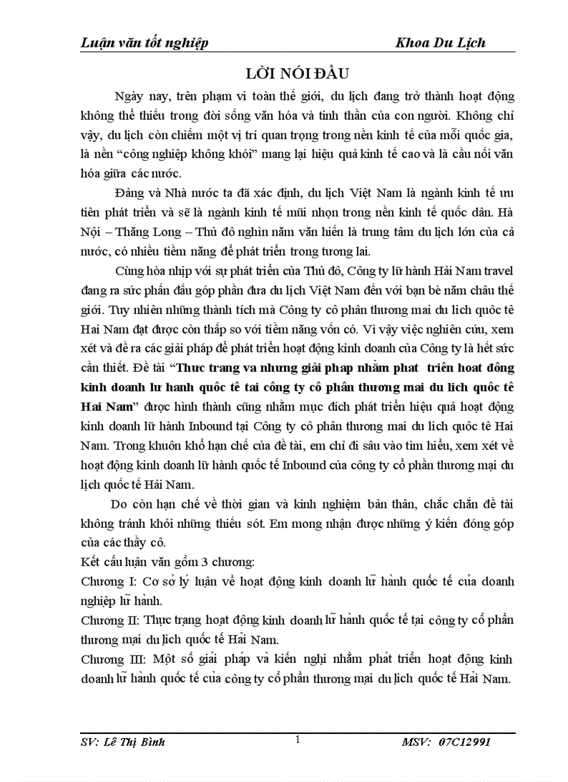 Thực trạng và những giải pháp nhằm phát triển hoạt động kinh doanh lữ hành quốc tế tại công ty cổ phần thương mại du lịch quốc tế Hải Nam