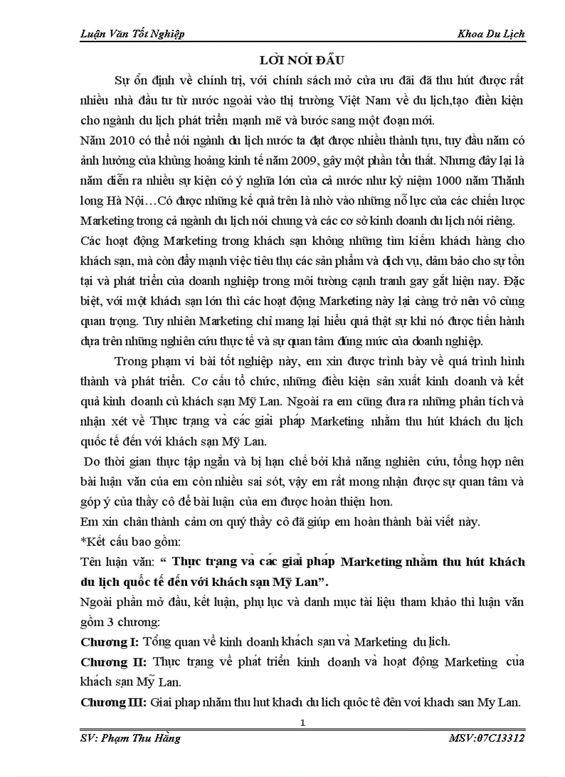 Thực trạng và các giải pháp Marketing nhằm thu hút khách du lịch quốc tế đến với khách sạn Mỹ Lan 1
