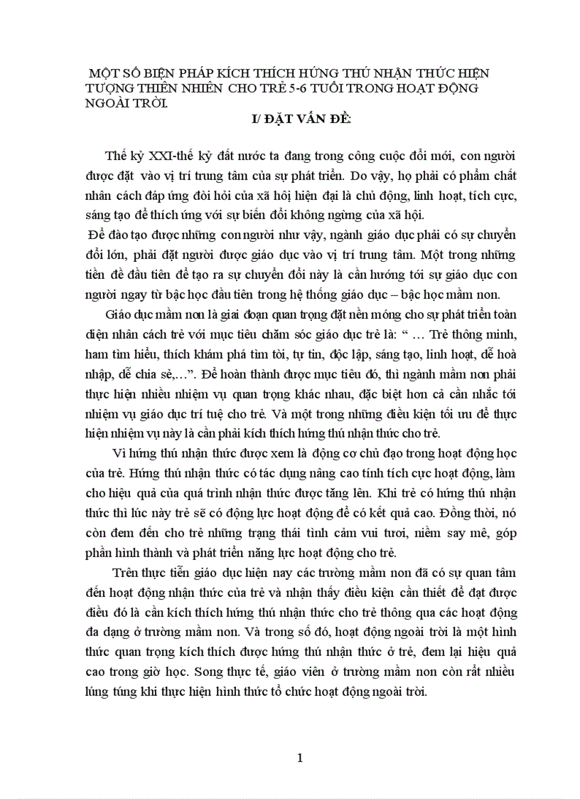 Một số biện pháp kích thích hứng thú nhận thức hiện tượng thiên nhiên cho trẻ 5 6 tuổi trong hoạt động ngoài trời