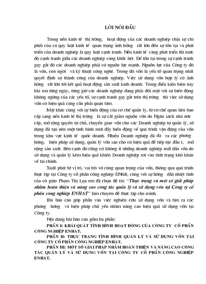 Thực trạng và một số giải pháp nhằm hoàn thiện và nâng cao công tác quản lý và sử dụng vốn tại Công ty cổ phần công nghiệp ENHAT
