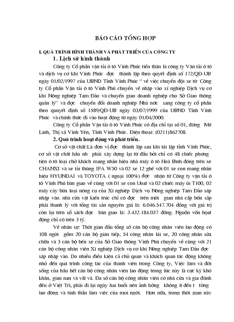 Báo cáo tổng hợp Thực trạng hoạt động sản xuất kinh doanh của Công ty Cổ phần vận tải ô tô Vĩnh Phúc