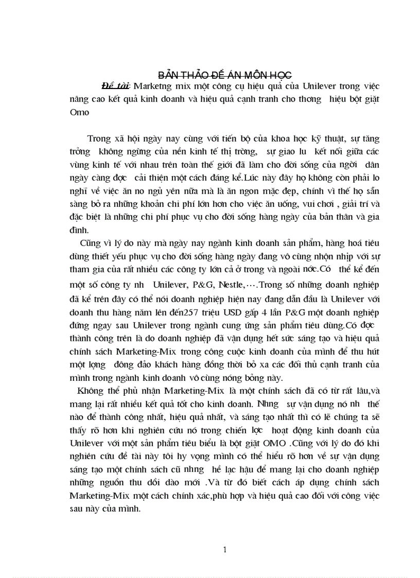Marketing mix một công cụ hiệu quả của Unilever trong việc nâng cao kết quả kinh doanh và hiệu quả cạnh tranh cho thương hiệu bột giặt Omo