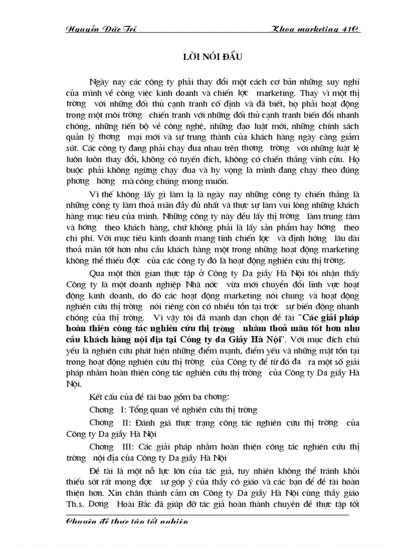 Các giải pháp hoàn thiện công tác nghiên cứu thị trường nhằm thoả m n tốt hơn nhu cầu khách hàng nội địa tại Công ty da Giầy Hà Nội